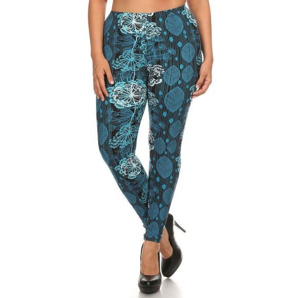 (Plus) Curvy Black White Blue Damask Floral Pattern Print Leggings - Picture 2 of 5